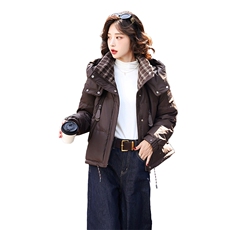 时尚格纹拼接连帽短款羽绒服女2025冬季加厚保暖小个子白鸭绒外套，女装羽绒服，歌伊格美