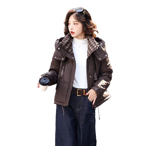 时尚格纹拼接连帽短款羽绒服女2025冬季加厚保暖小个子白鸭绒外套图片