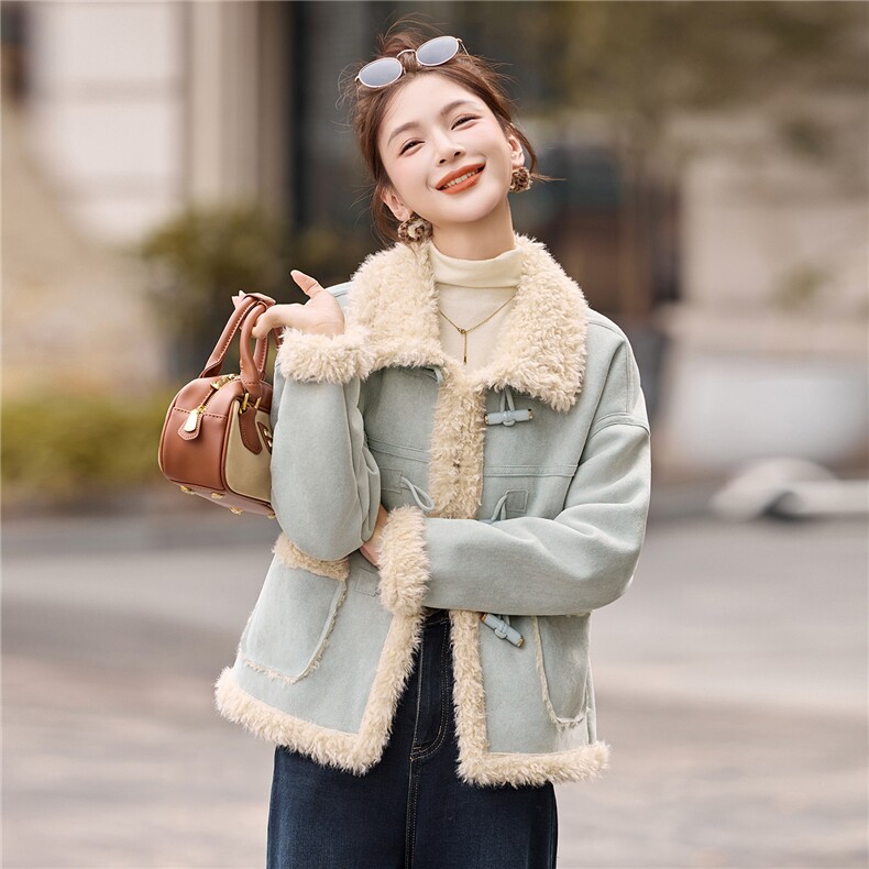 巨好看鹿皮绒皮毛一体外套女冬季新款小个子短款加绒加厚棉服,女装短外套,英标秀（1C119）