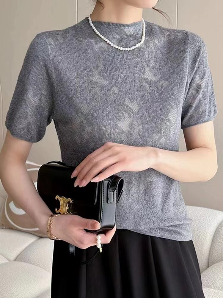 精仿欧根纱轻薄透气钩花短袖8个颜色2025年春季，女装针织衫/毛衣，昂家羊绒