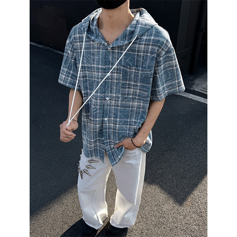 特批P32无差价夏季港风高级感格子连帽短袖衬衫男宽松外套CD5478,男装衬衫,电商A001-1