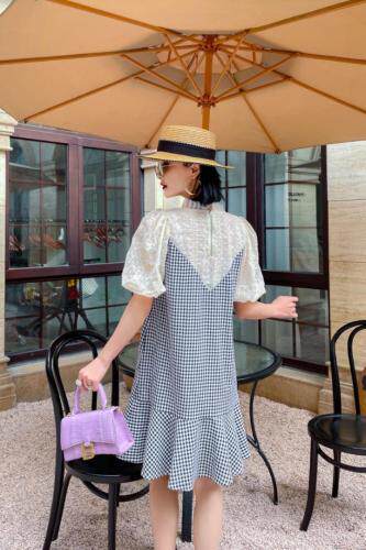 网纱拼格子连衣裙，女装连衣裙，艾梵煕尔