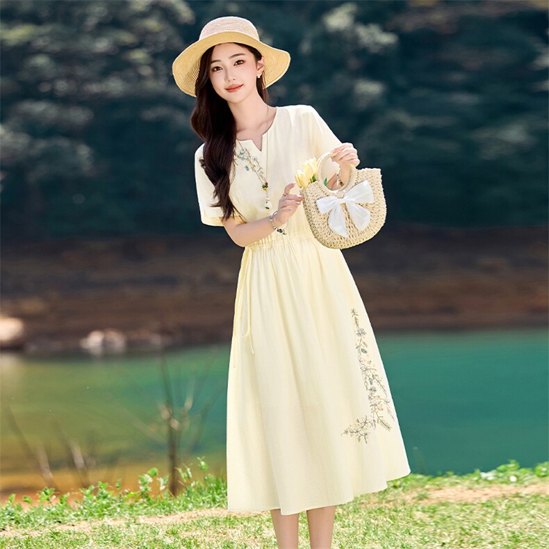 新中式纯棉连衣裙女2026新款夏高级感气质减龄显瘦中长款裙子,女装连衣裙,倪叶myz