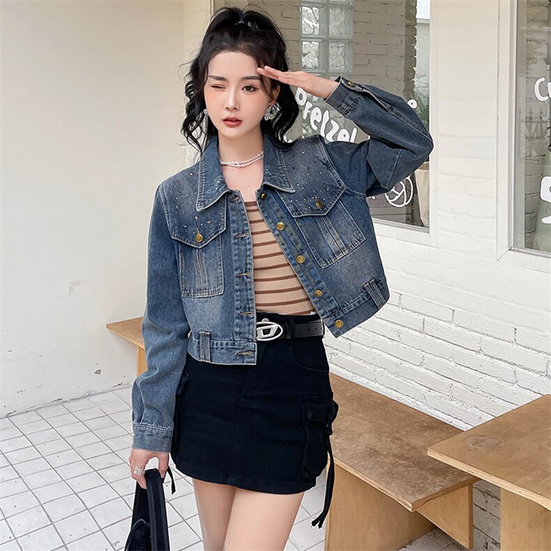 复古蓝休闲牛仔外套女2023年春秋新款设计感时尚显瘦夹克短外套潮,女装短外套,纯色衣恋