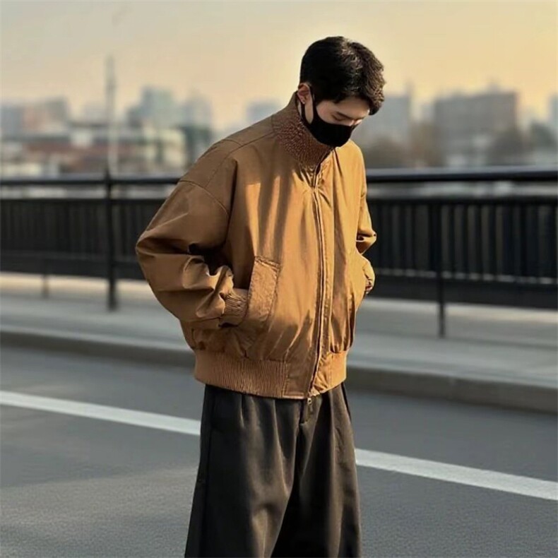 抖音得物美式潮休闲夹克春季立领纯色复古工装加厚棉服外套MF01,男装夹克,电商A443