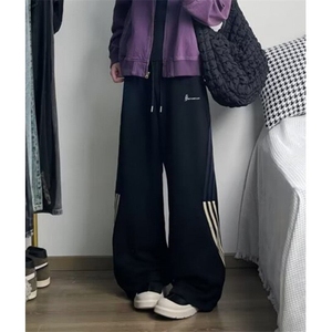 美式高街拼接条纹运动裤男女同款秋冬直筒休闲阔腿长裤子 KM977图片