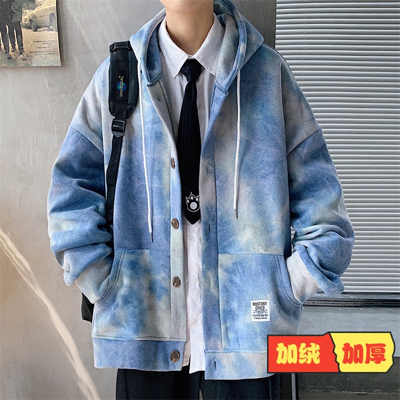 A104-P65 加绒原宿风连帽卫衣男士大码宽松开衫男外套男图片