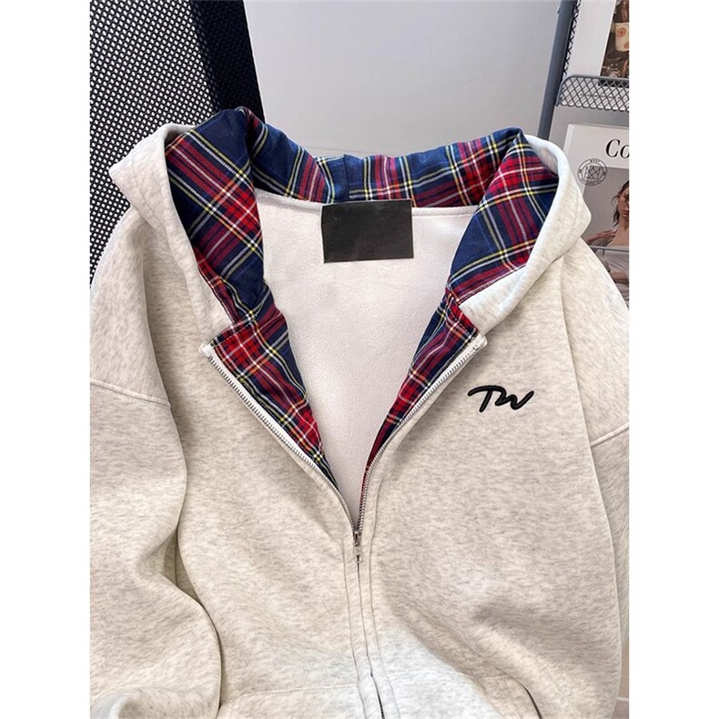 美式格子装饰基础款开衫拉链卫衣外套加绒秋冬连帽上衣WY01P58,女装短外套,星座1013-5