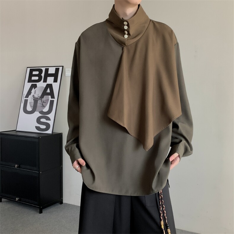 春装2025新中式风设计感男女拼接立领衬衫质感小众高级感衬衣,男装衬衫,星座909
