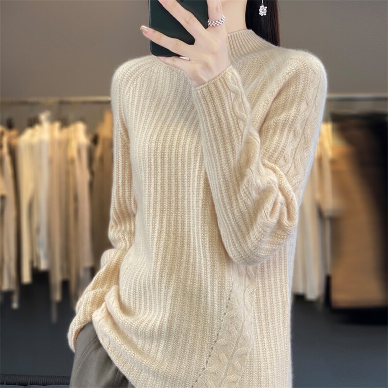 23新款秋冬100%羊绒衫女高领坑条宽松百搭套头毛衣羊毛针织打底衫,女装羊毛衫,昭美羊绒