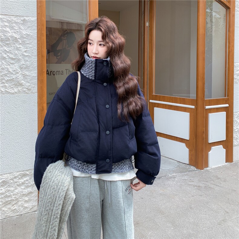 藏青色针织拼接短款羽绒服女2025冬新款设计感小个子90白鸭绒外套,女装羽绒服,辉之琳