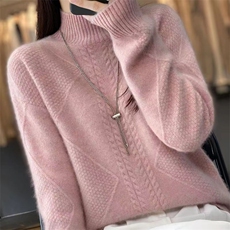 秋冬新款加厚100%羊毛衫女半高领针织扭花毛衣宽松百搭羊绒衫打底，女装羊毛衫，胜酷羊绒