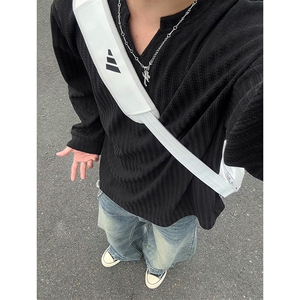 美式高街千鸟格子长袖T恤男女亨利V领英伦雅痞休闲宽松长袖打底衫图片