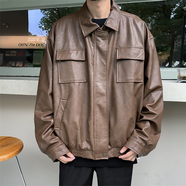 港风秋款男皮衣夹克衫工装大口袋休闲皮外套JK9287 P70图片