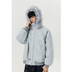 图座山雕毛领连帽休闲毛呢拼接秋冬棉服情侣款上衣外套P118，男装棉衣，电商C306-1