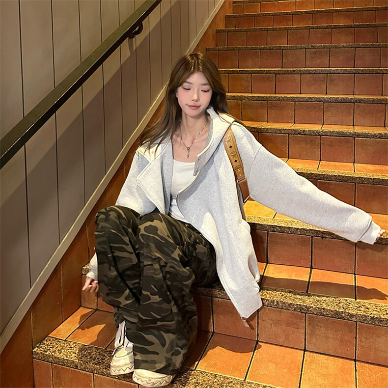 抖音得物品质26春装美式重磅结构斜拉链高领连帽卫衣开衫外套W61,女装短外套,电商A486-1