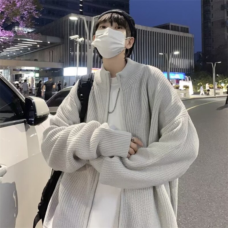 日系灰色开衫毛衣男高街宽松休闲潮流百搭半高领针织衫外套M940，男装针织衫/毛衣，星座601-1