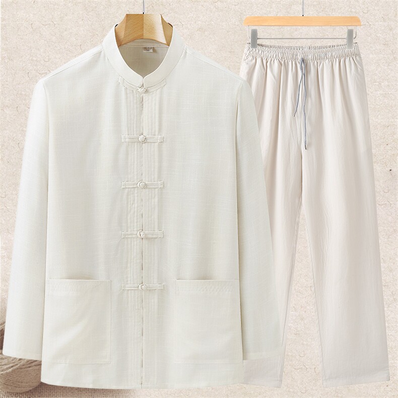 春夏男中老年亚麻薄款长袖套装风棉麻衬衫长裤套装太极服，男装民族服装，钱塘723