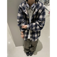 美式格子连帽衬衫男秋季校园风撞色拼接长袖衬衣复古小众简约外套，男装衬衫，电商D232