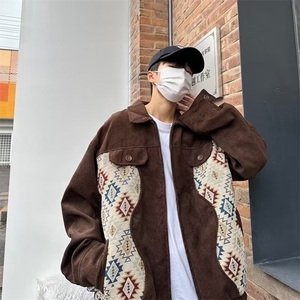 美式潮灯芯绒拼接翻领夹克男秋季宽松情侣百搭休闲外套个性 WT533图片