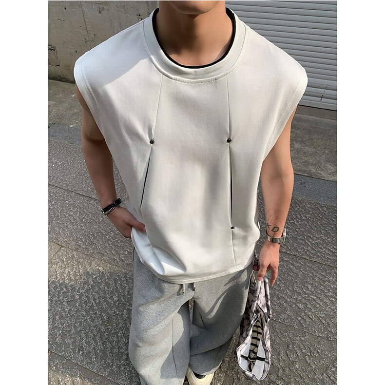 260克曼巴棉拼接撞色铆钉设计夏季无袖背心T恤男士美式潮流P30，男装背心/马甲，电商C306-1