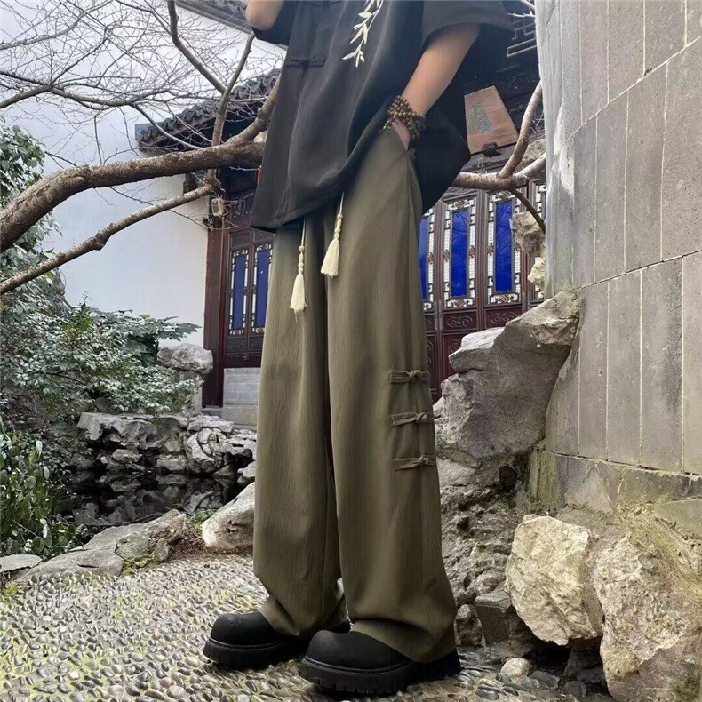 男女新中式盘扣直筒裤学生潮牌宽松百搭通勤运动阔腿裤潮风长裤图片