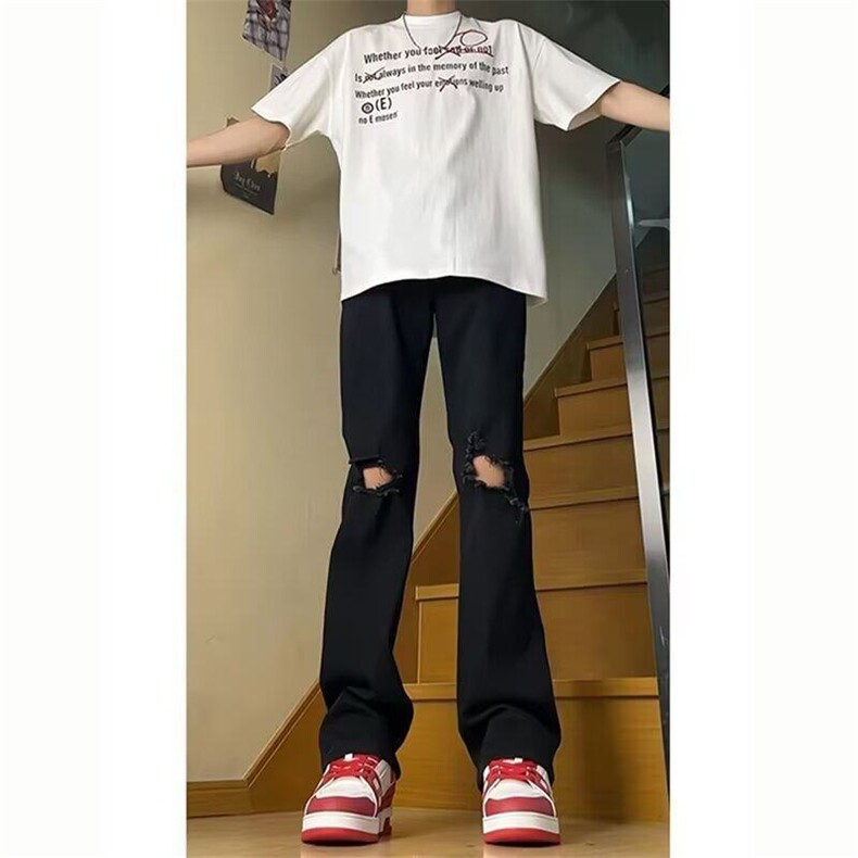 黑色微喇破洞牛仔裤男款夏季穿搭裤子痞帅修身显瘦直筒裤N7027,男装牛仔裤,星座1116A（原606A-3）