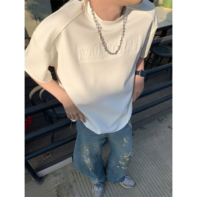 铆钉钢印短袖t恤男夏季潮牌美式设计感衣服宽松潮流重磅半袖体恤,男装T恤,星座410-7