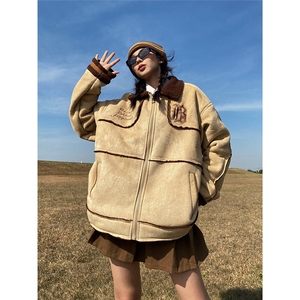 1506-1/M80181/P54美式复古麂皮绒羊羔毛外套男女皮毛一体棉服图片