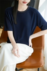 圆领精纺烫钻短袖针织衫T恤女上衣2025早秋新款内搭打底半袖小衫，女装T恤，晨旭羊绒