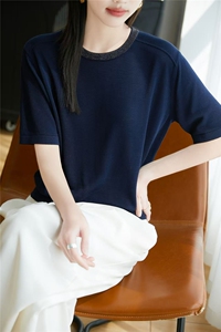 圆领精纺烫钻短袖针织衫T恤女上衣2025早秋新款内搭打底半袖小衫图片