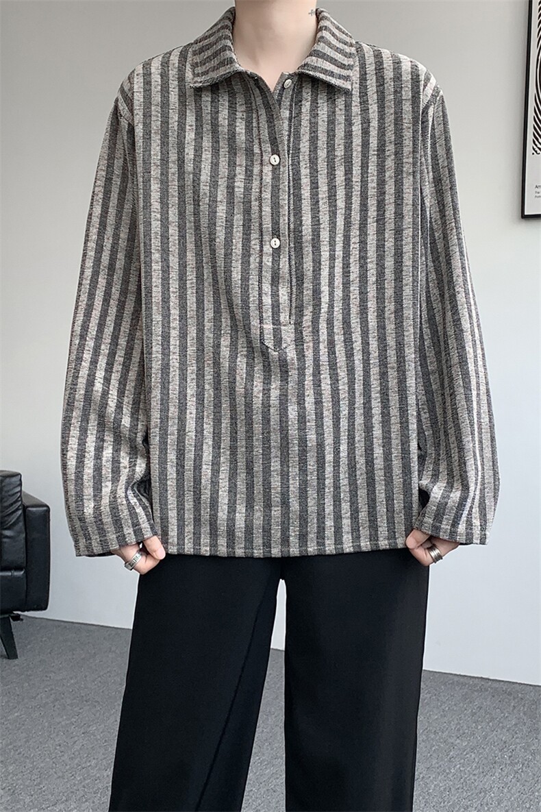 S-3XL复古条纹半开领长袖衬衫上衣宽松慵懒休闲衬衣男CS534P48,男装衬衫,电商D206-1