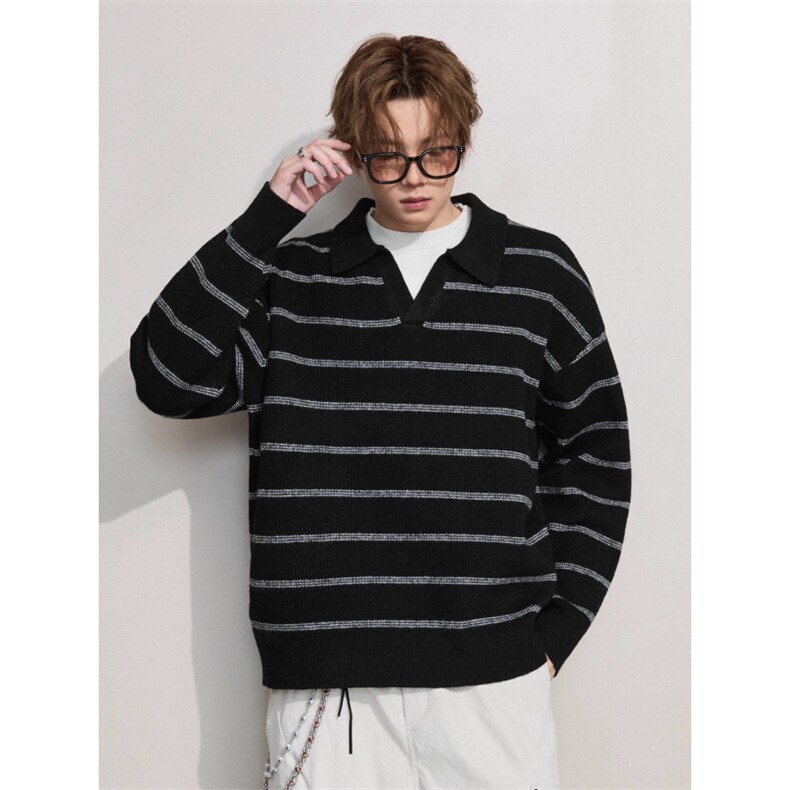美式毛衣男秋冬复古撞色条纹polo领针织衫上衣休闲毛衫MZ972-P59，男装针织衫/毛衣，星座412-3