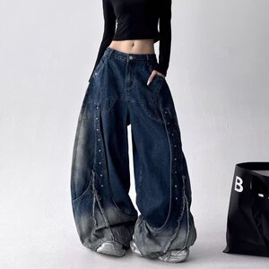 美式高街黑色解构工装牛仔裤女多口袋工装阔腿拖地裤 B396-P72图片
