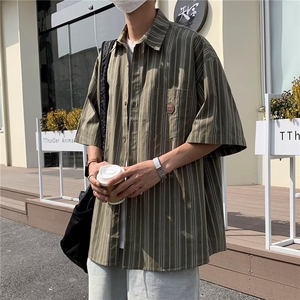 男装日系复古条纹短袖衬衫男夏季宽松半袖休闲情侣衬衣CS003-P29图片