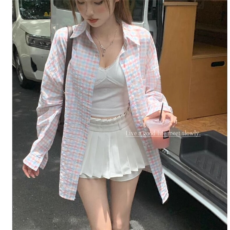 TC684-p45森系甜美蓝色格纹衬衫女早秋宽松休闲显瘦中长款衬衣,女装衬衫,星座617A-2