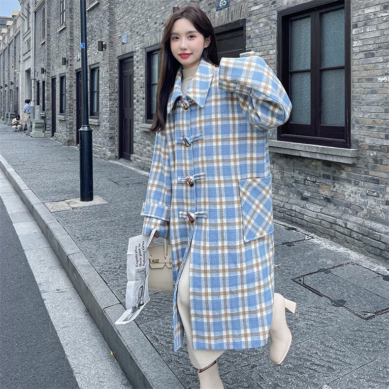 现货，2022新款蓝色格子毛呢长款大衣P185-258,女装连衣裙,浙宝276（原081）