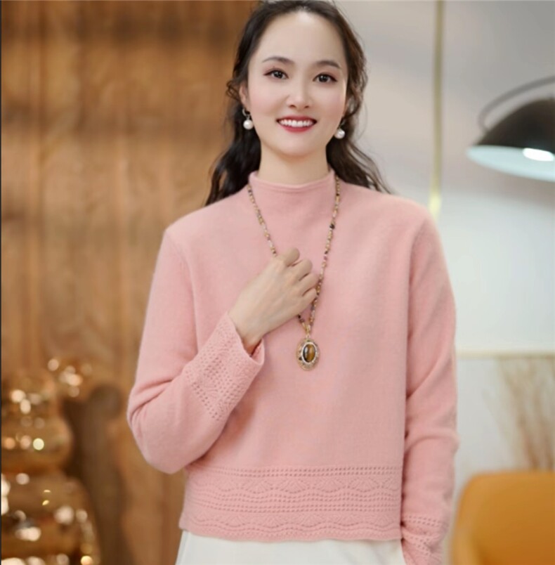 2025年秋季时尚百搭通勤简约休闲镂空半高领,女装羊毛衫,晨旭羊绒