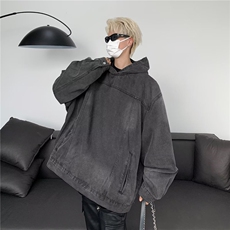 复古拼接水洗做旧牛仔连帽卫衣男女情侣潮牛仔卫衣8605P60，男装卫衣，星座410-2