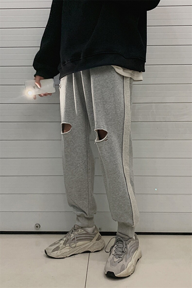 春季新品破洞休闲裤男女韩版长裤运动束脚裤子chic风T,男装休闲裤,电商A102B