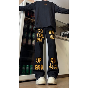 现货 美式高街斑驳黄色字母宽松直筒牛仔裤男 K5818-P50 控68图片
