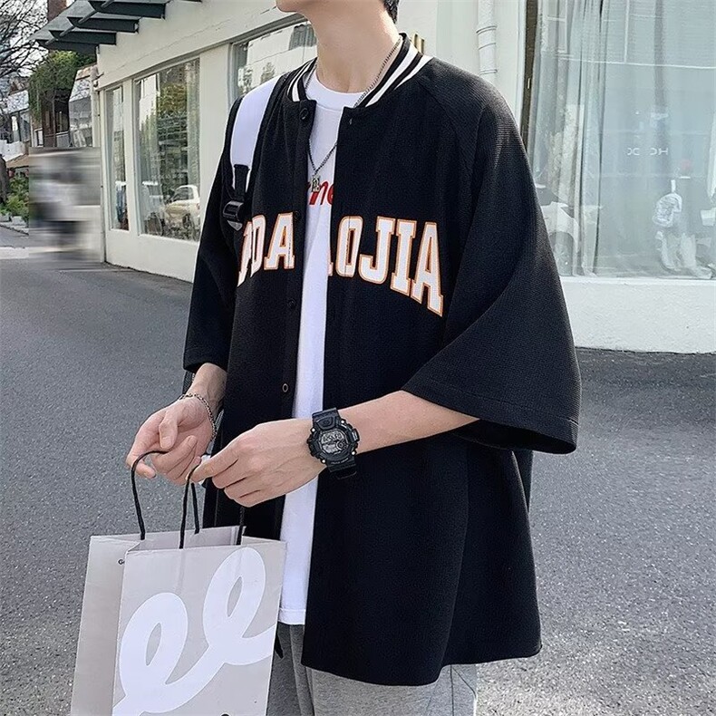 美式棒球服衬衫男短袖青少年华夫格重磅衬衣夏季薄款外套五分袖男,男装T恤,星座715-4