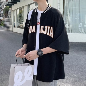 美式棒球服衬衫男短袖青少年华夫格重磅衬衣夏季薄款外套五分袖男图片