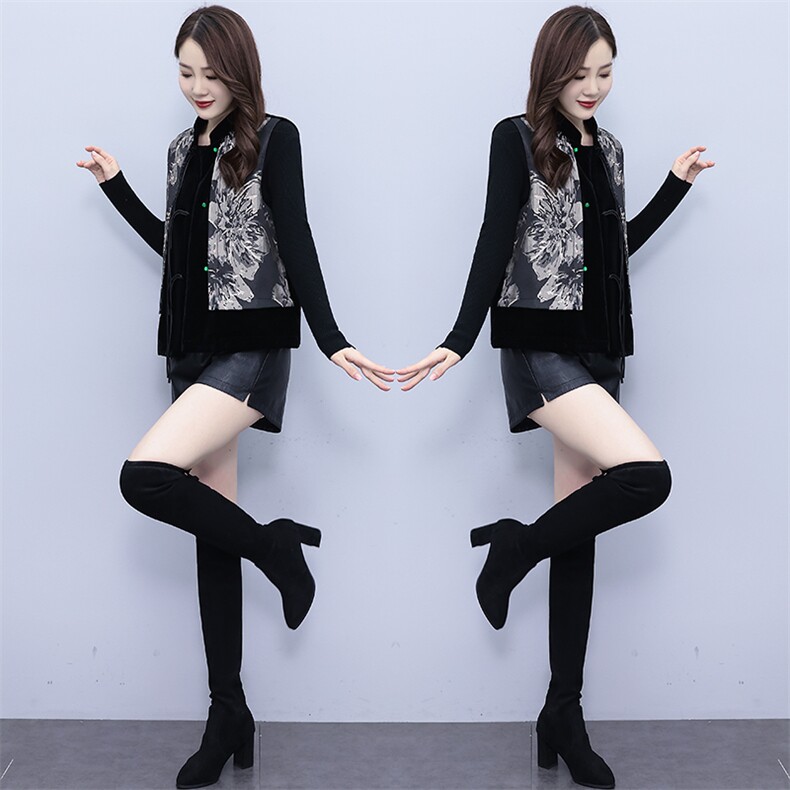 盘扣印花拼接丝绒马甲外套女2023秋季新款复古新中式马夹坎肩外搭,女装马甲,素月