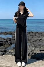 韩系穿搭一整套时尚套装女夏季新款撞色拼接半开领上衣长裤两件套，女装套装/套裙，江南