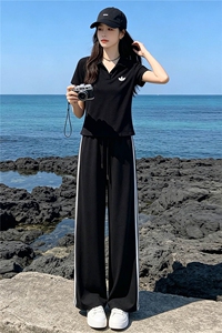 韩系穿搭一整套时尚套装女夏季新款撞色拼接半开领上衣长裤两件套图片