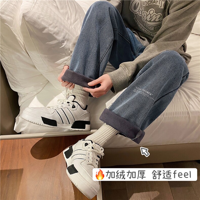 k808J-p55-控78 M-5XL 水晶绒加绒毛毯港风高阶宽松牛仔裤微喇图片