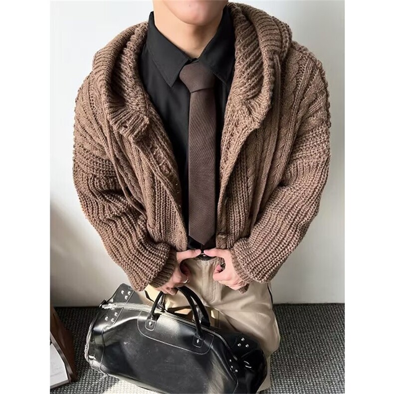 秋冬日系复古纯色针织开衫外套男女宽松百搭提花情侣毛衣M5801,男装针织衫/毛衣,星座1116A（原606A-3）