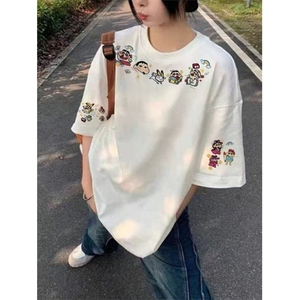 CP1149-P39潮牌美式卡刺绣短袖t恤女夏季新款半袖上衣,深蓝色衣服搭配什么颜色内搭图片