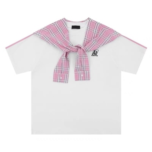 H0595-P45披肩纯棉格子布假两件夏季T恤女图片